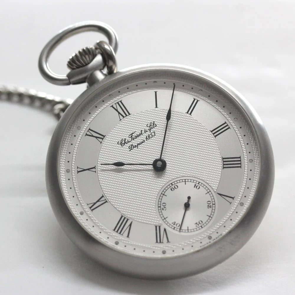 絶版モデルのティソ(TISSOT)/ ヴィンテージウォッチ / シルバーカラーオープンフェイス /ローマン数字/ 手巻き式 / 懐中時計 / tissot-1040