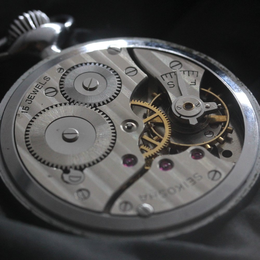 15石ムーブメント 昭和37年の19セイコー鉄道時計/15石/秒針止め機能/絶版時計/19seiko-1314