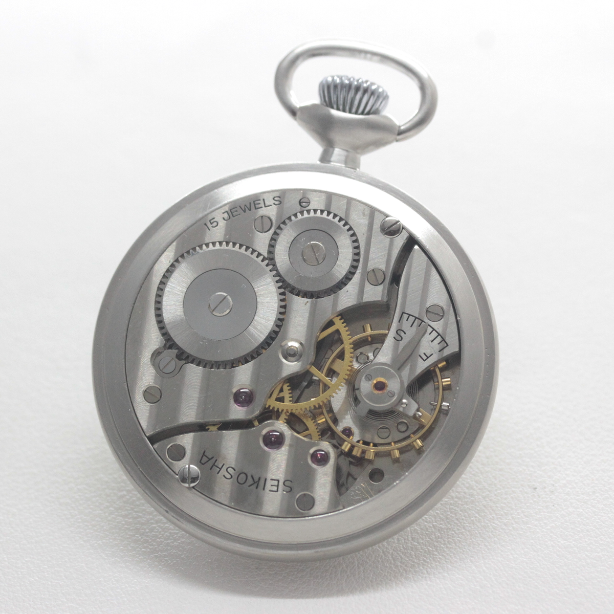 19セイコー プレシジョン 鉄道時計 懐中時計 再メッキ特別モデル ヘアライン仕上げ 19seiko-1400 機械内部 ムーブメント コート・ド・ジュネーブ