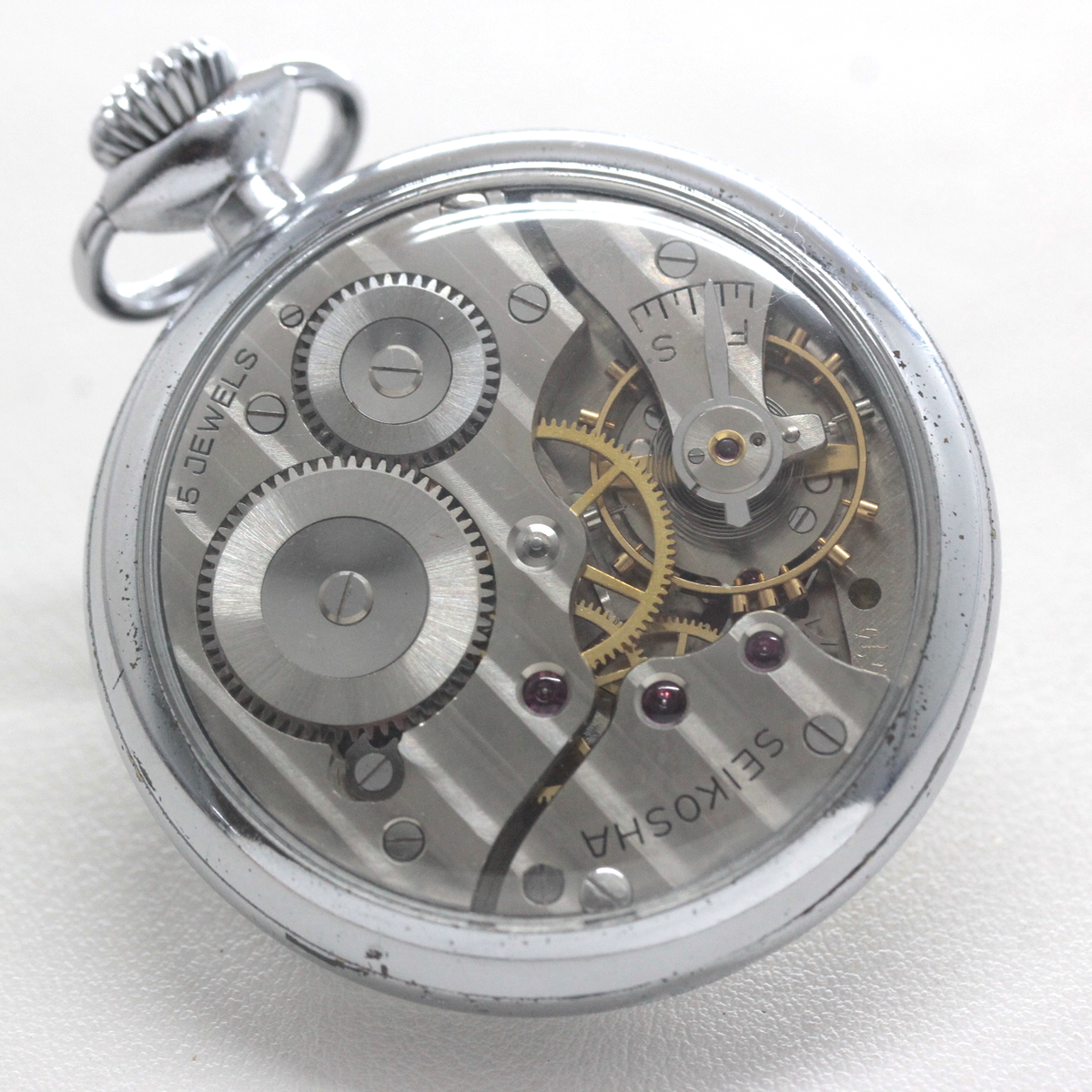 19セイコー シースルーバックカスタム 鉄道時計 懐中時計 手巻き式 ヴィンテージ 19seiko-costom27 裏面 シースルーバック