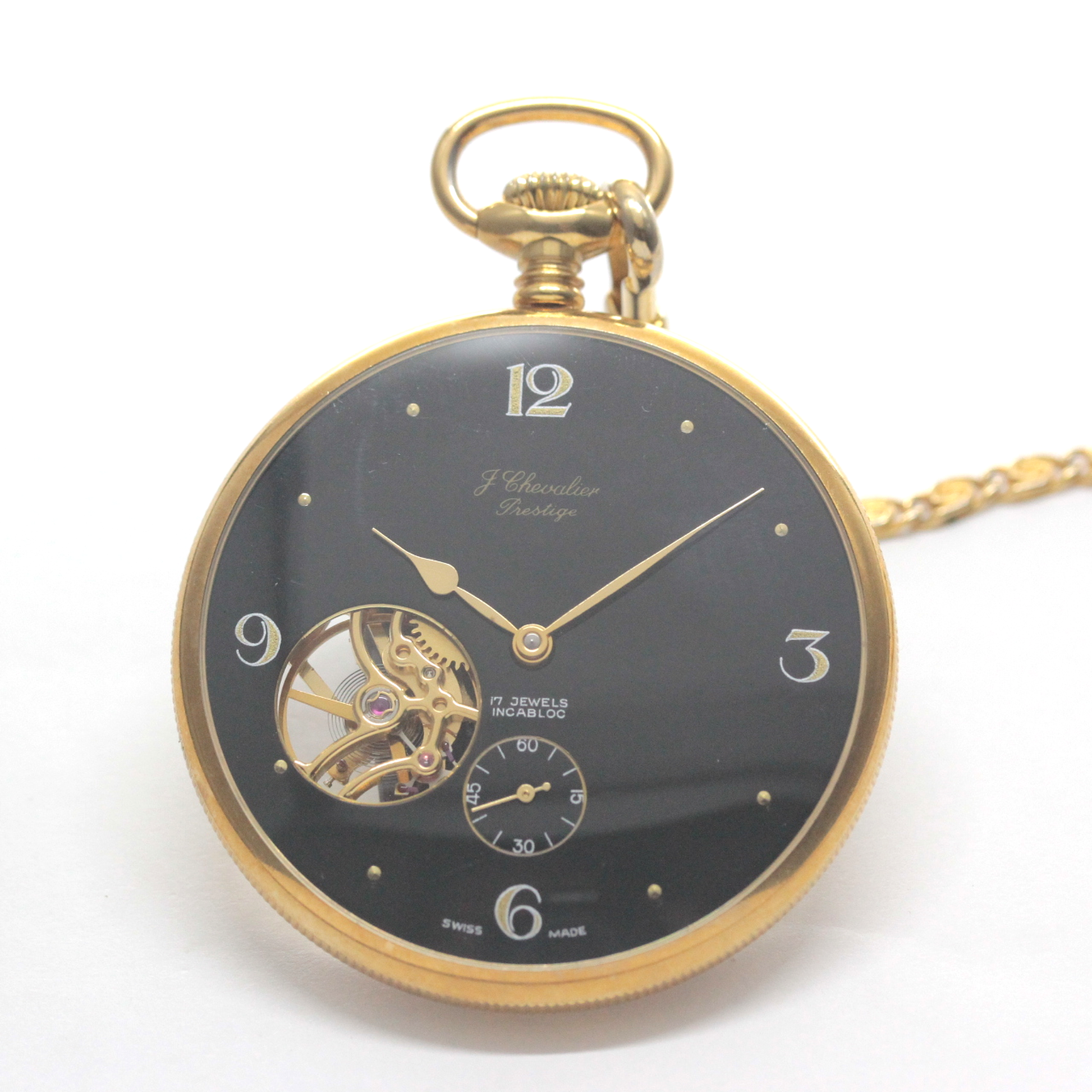 認定中古品シュバリエ（J.chevalier）/シースルーバック懐中時計/黒文字盤/ローマン数字/chevalier-101　正面