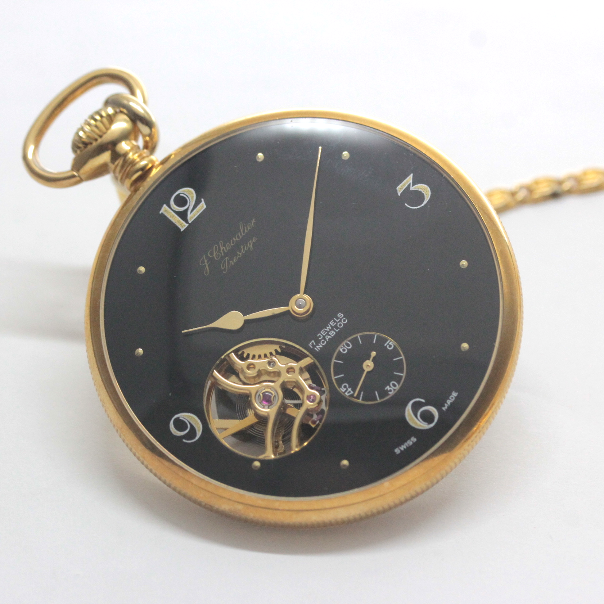認定中古品シュバリエ（J.chevalier）/シースルーバック懐中時計/黒文字盤/ローマン数字/chevalier-101