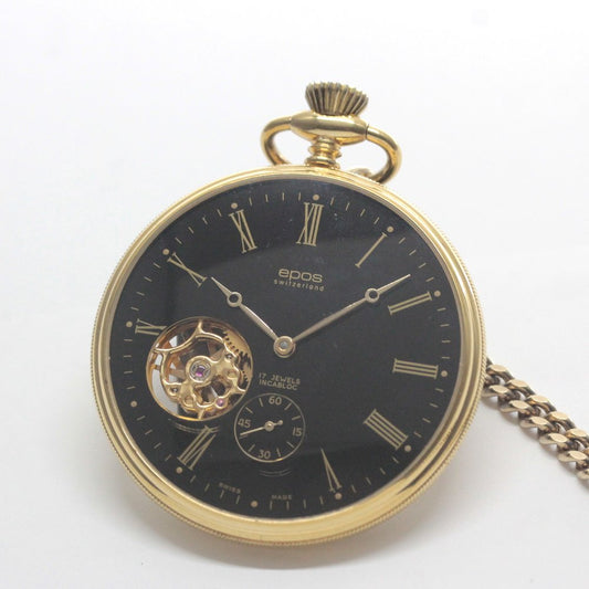 認定中古品のエポス（epos）/スケルトン懐中時計/2090gpbk/黒文字盤/ローマン数字/epos-110
