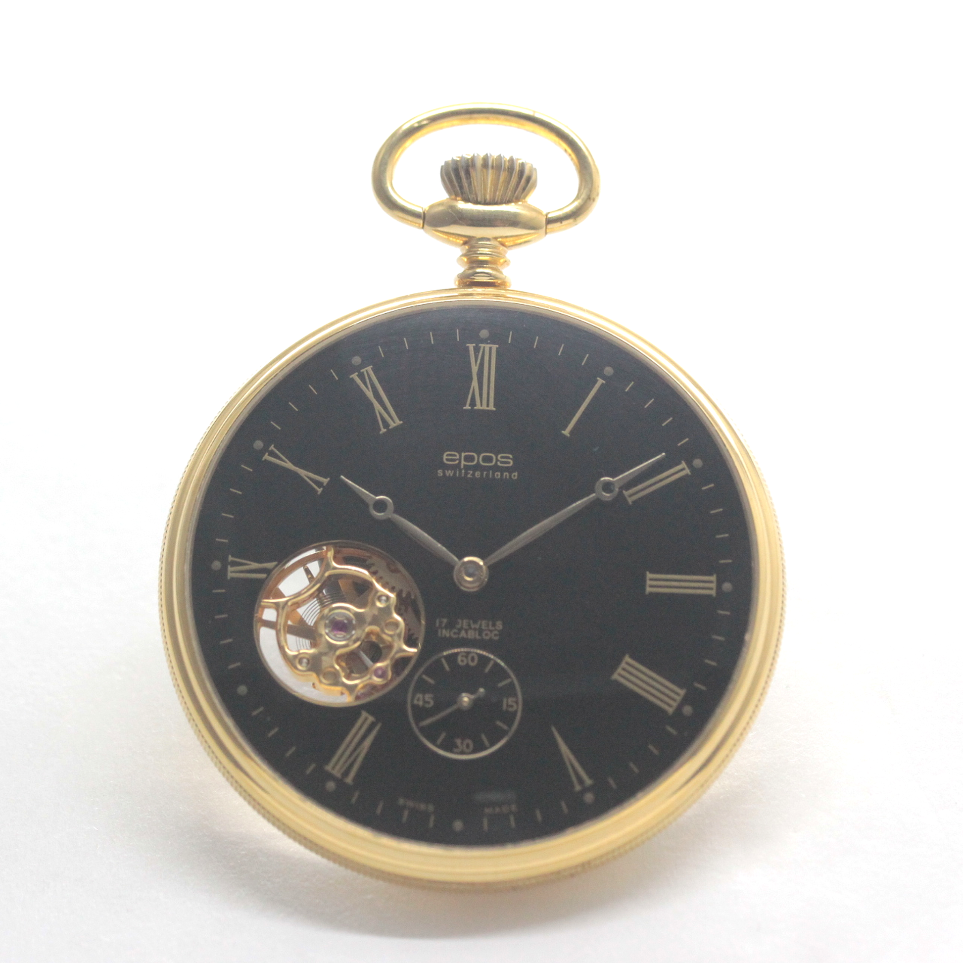 認定中古品のエポス（epos）/スケルトン懐中時計/2090gpbk/黒文字盤/ローマン数字/epos-113　正面