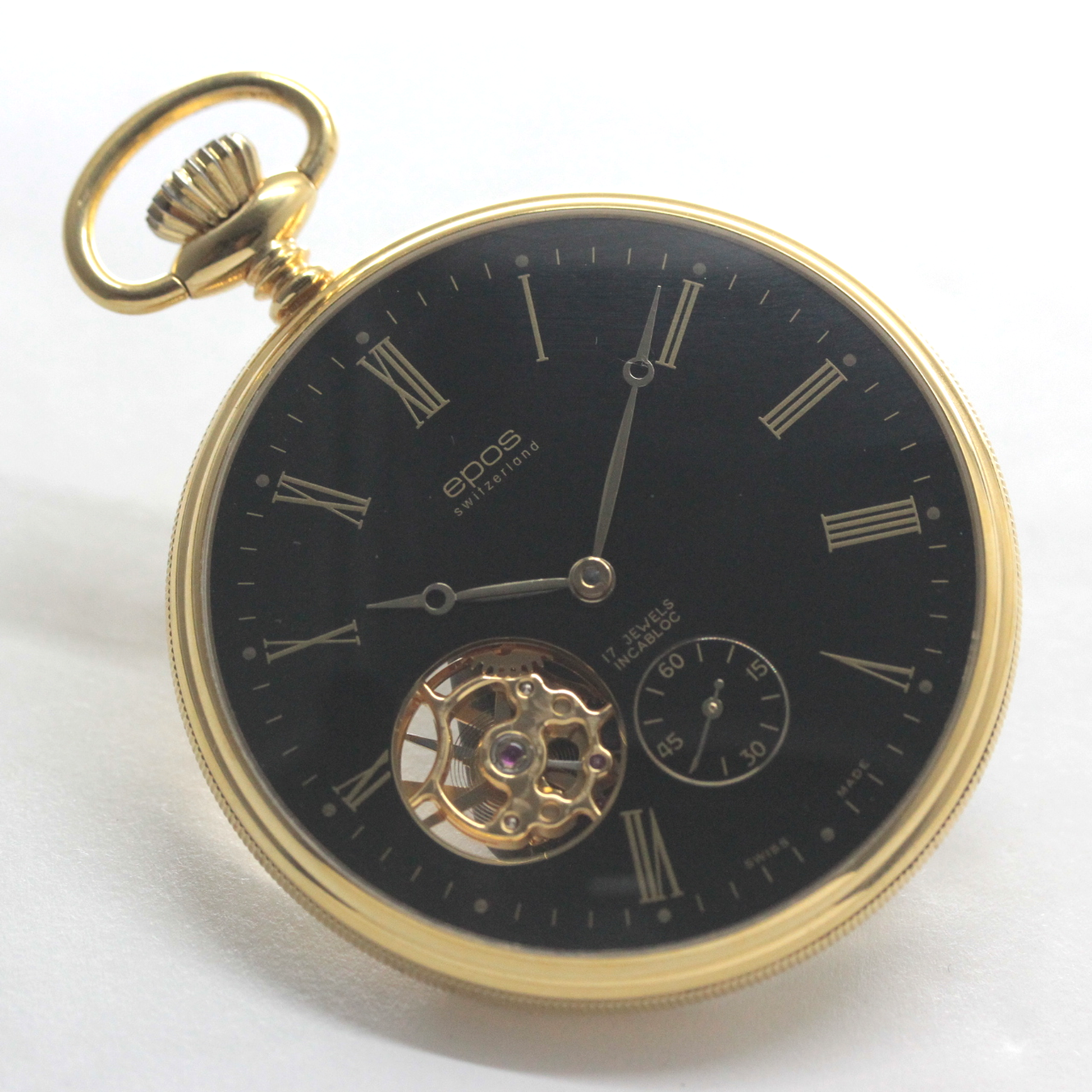 認定中古品のエポス（epos）/スケルトン懐中時計/2090gpbk/黒文字盤/ローマン数字/epos-113　文字盤