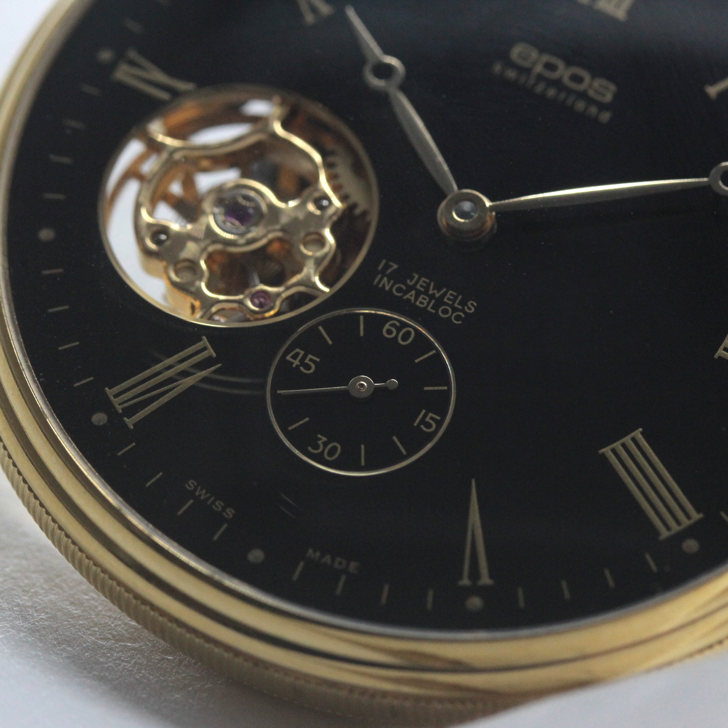 認定中古品のエポス（epos）/スケルトン懐中時計/2090gpbk/黒文字盤/ローマン数字/epos-113　スモールセコンド