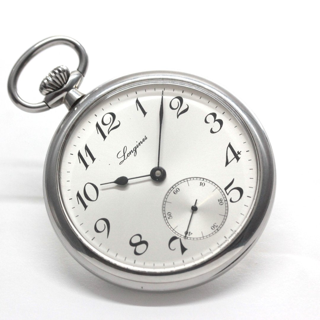 ロンジン / Longines / 懐中時計/蓋なし　サンレイ文字盤　アラビア /シルバーカラー / ヴィンテージ / longines-156　斜め正面