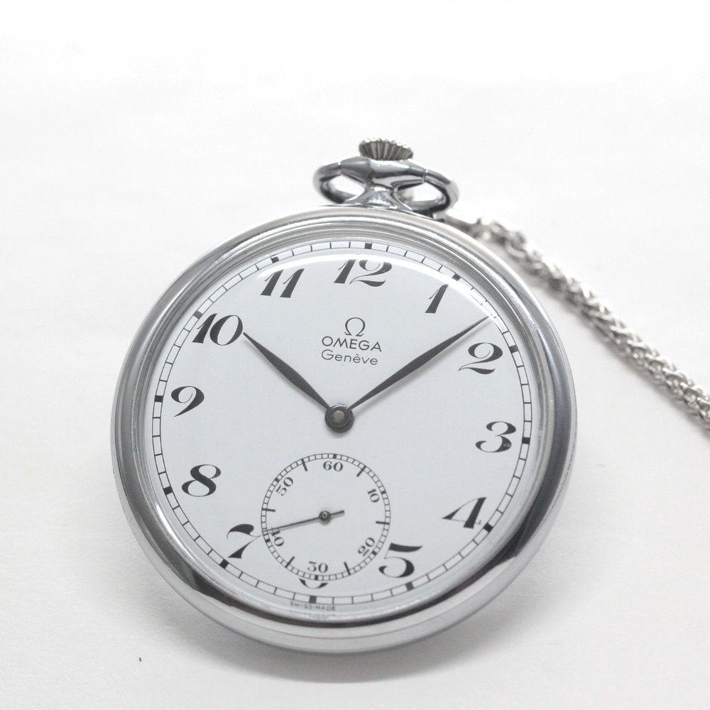 絶版モデルのオメガ / OMEGA / 1974年製 / ヴィンテージウォッチ / オープンフェイス懐中時計 / アラビア数字 / 純正チェーン付 / omega-127