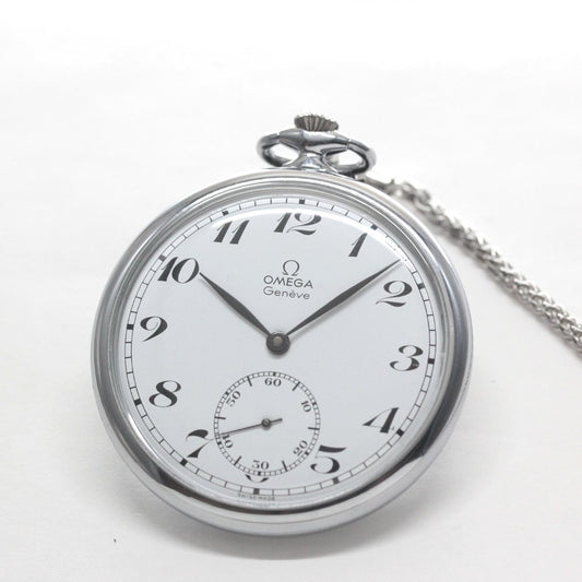 絶版モデルのオメガ / OMEGA / 1974年製 / ヴィンテージウォッチ / オープンフェイス懐中時計 / アラビア数字 / 純正チェーン付 / omega-127