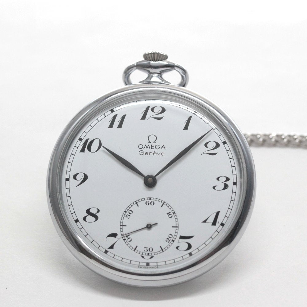 絶版モデルのオメガ / OMEGA / 1974年製 / ヴィンテージウォッチ / オープンフェイス懐中時計 / アラビア数字 / 純正チェーン付 / omega-127