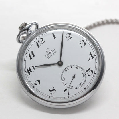 絶版モデルのオメガ / OMEGA / 1974年製 / ヴィンテージウォッチ / オープンフェイス懐中時計 / アラビア数字 / 純正チェーン付 / omega-127