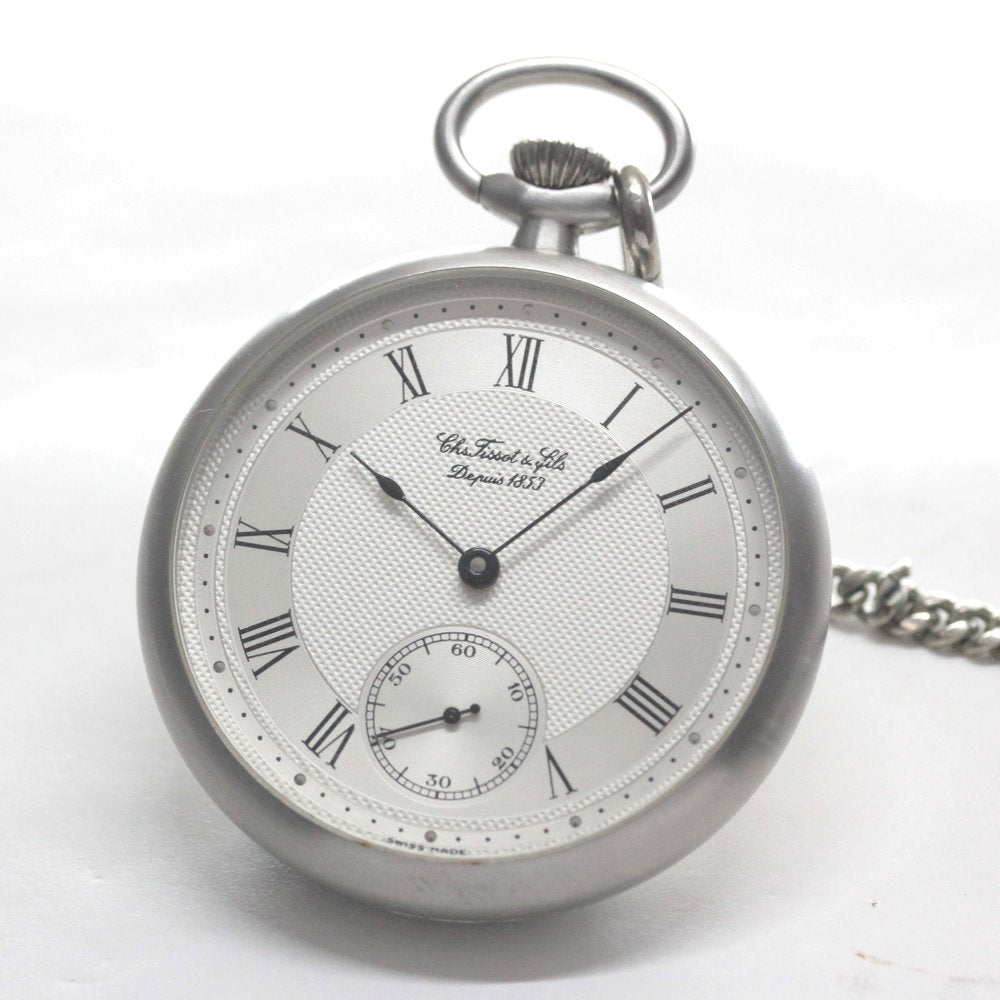 絶版モデルのティソ（TISSOT）/ ヴィンテージウォッチ / シルバーカラーオープンフェイス /ローマン数字/ 手巻き式 / 懐中時計 / tissot-1050