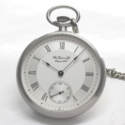 絶版モデルのティソ（TISSOT）/ ヴィンテージウォッチ / シルバーカラーオープンフェイス /ローマン数字/ 手巻き式 / 懐中時計 / tissot-1050　正面