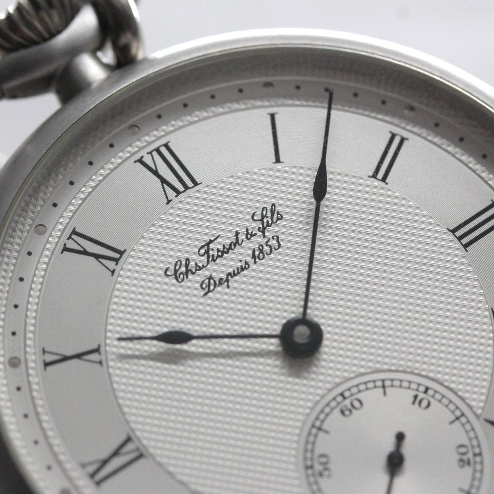 絶版モデルのティソ（TISSOT）/ ヴィンテージウォッチ / シルバーカラーオープンフェイス /ローマン数字/ 手巻き式 / 懐中時計 / tissot-1050　文字盤