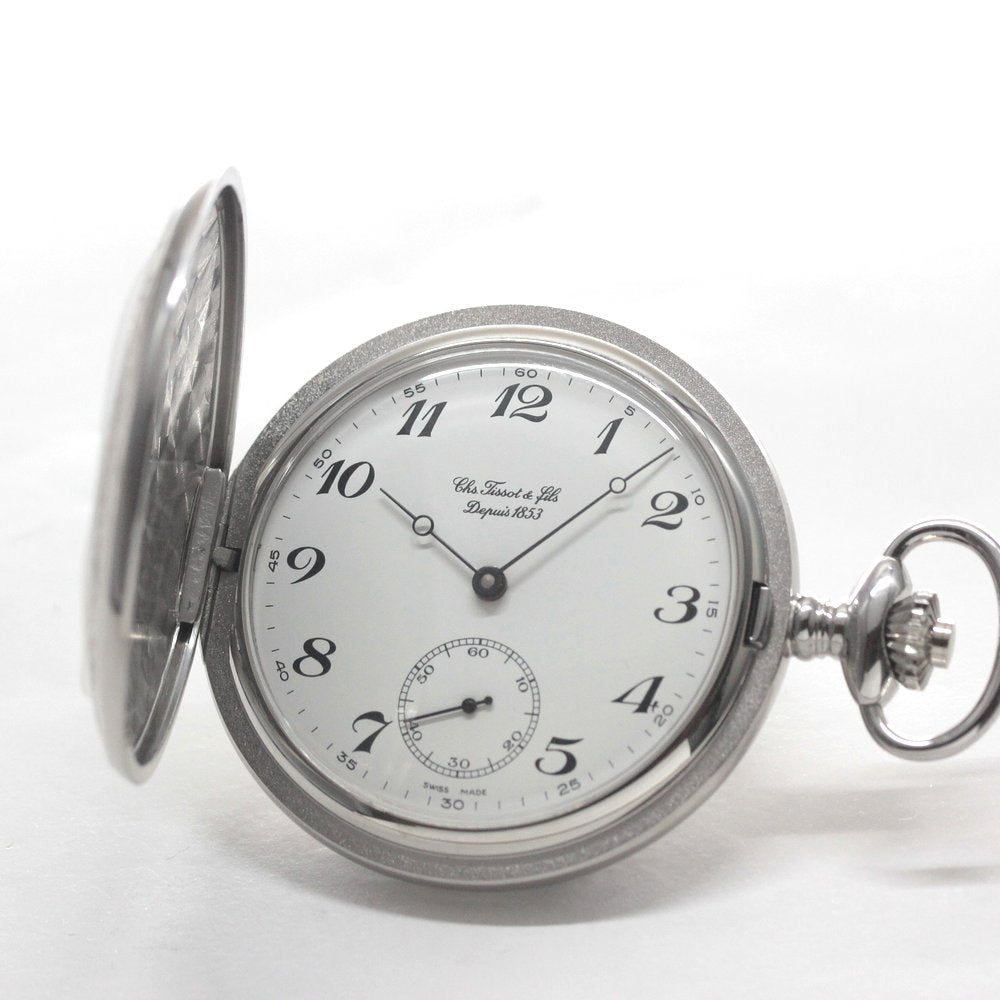 絶版モデルのティソ（TISSOT）/ ヴィンテージウォッチ / シルバーカラー ハンターケース /アラビア数字/ 手巻き式 / 懐中時計 / tissot-1041