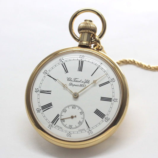 絶版モデルのティソ（TISSOT）/ ヴィンテージウォッチ / ゴールドカラーオープンフェイス / ローマン数字/ 手巻き式 / 懐中時計 / tissot-1048