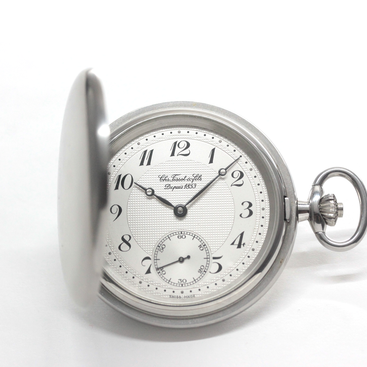 絶版モデルのティソ（TISSOT）/ ヴィンテージウォッチ / シルバーカラー ハンターケース /アラビア数字/ 手巻き式 / 懐中時計 / tissot-1052　正面