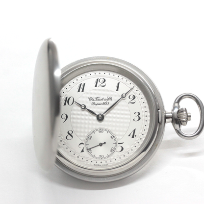 絶版モデルのティソ（TISSOT）/ ヴィンテージウォッチ / シルバーカラー ハンターケース /アラビア数字/ 手巻き式 / 懐中時計 / tissot-1052　正面