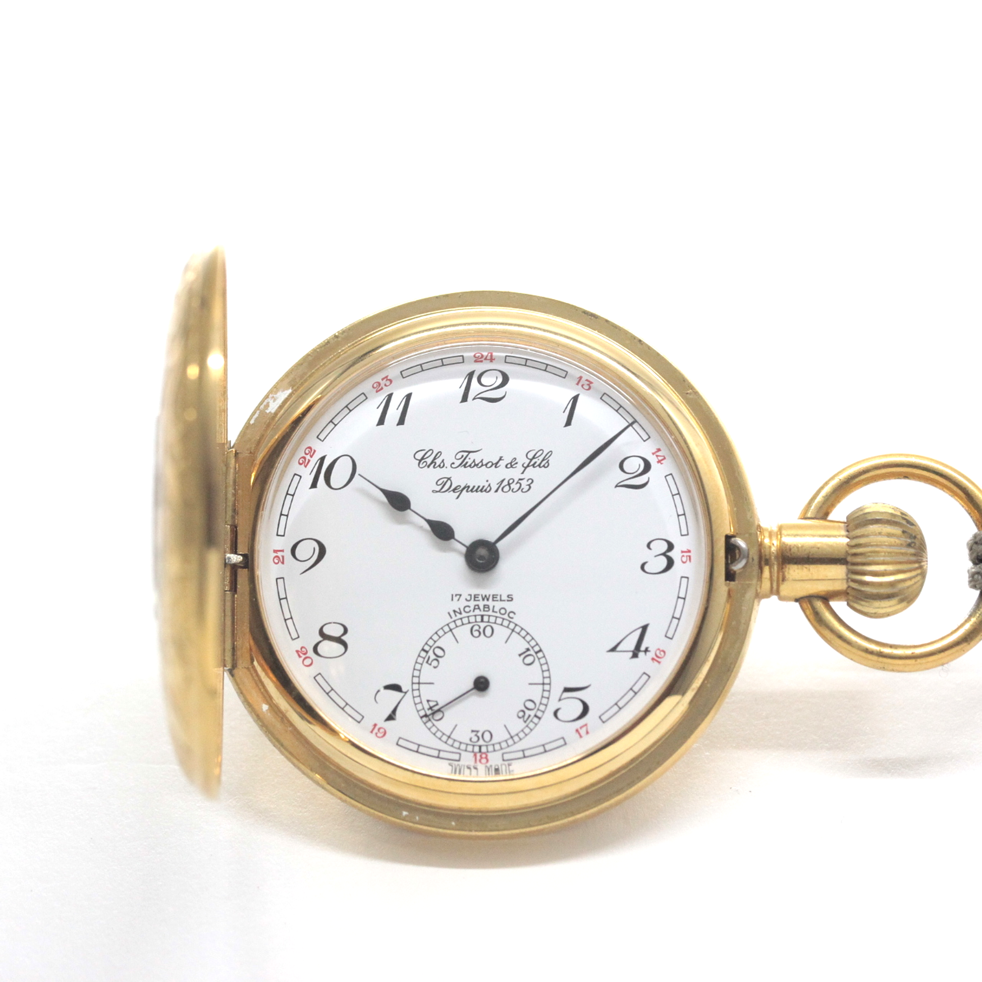 1853年創業のスイスブランド、ティソのナポレオンタイプ懐中時計 絶版モデルのティソ（TISSOT）　ハーフハンター懐中時計　tissot-1057　正面